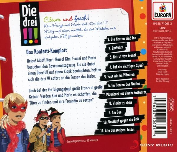 Rückseite einer DVD-Hülle mit drei Cartoon-Figuren. Text enthält den Titel und eine Liste der Szenen.
