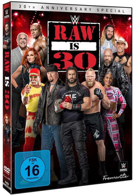 DVD-Cover für WWE Raw Is 30 mit Wrestlern. Roter Hintergrund.