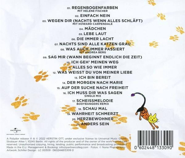 Rückseite einer CD mit Titeln und Katzenzeichnung.