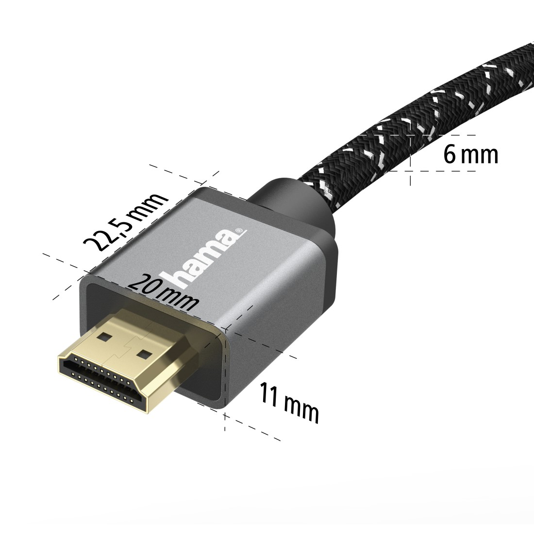 Conector HDMI gris con medidas. Cable negro con patrón en zigzag blanco.