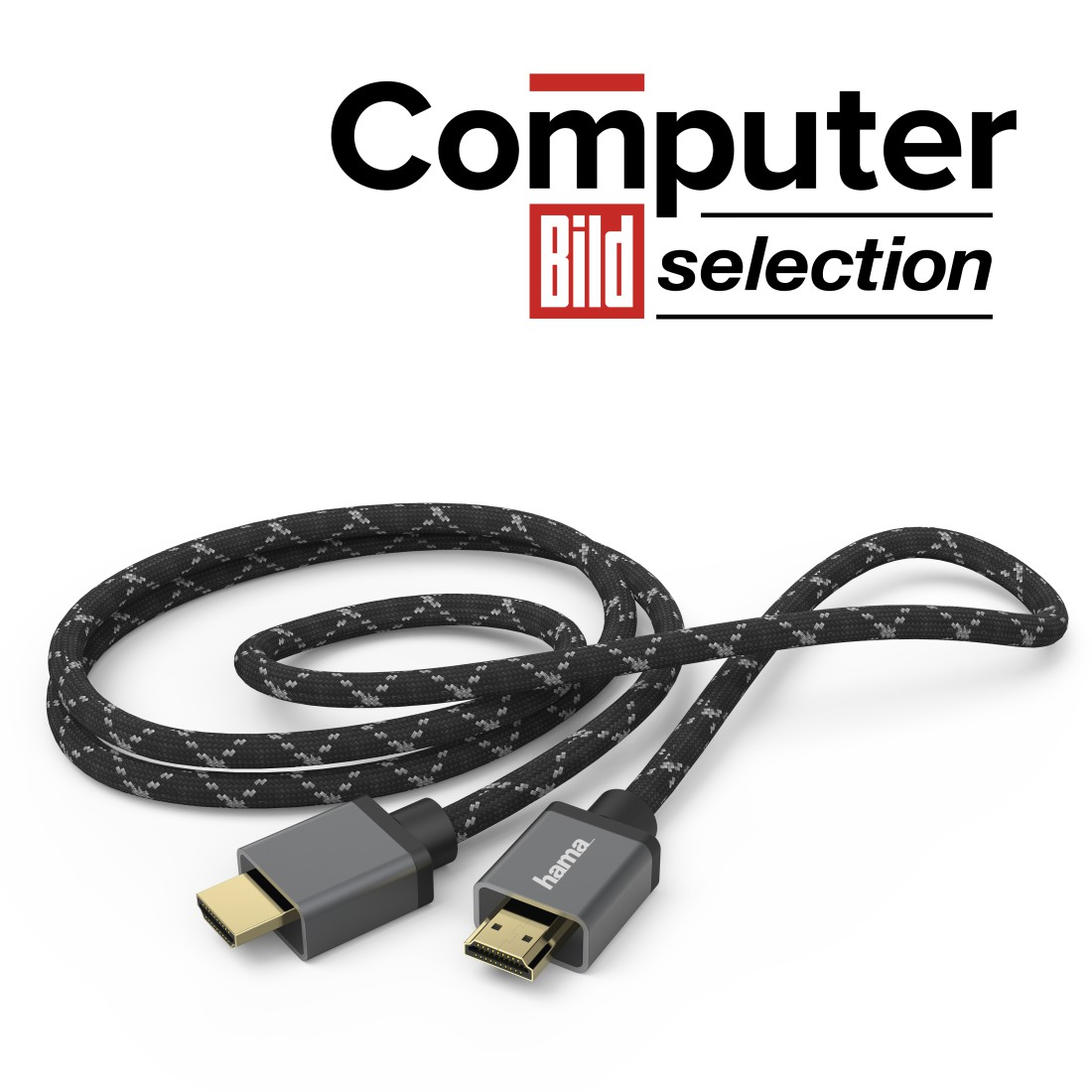 Cable HDMI con dos conectores, con el logotipo de Computer Bild selection.