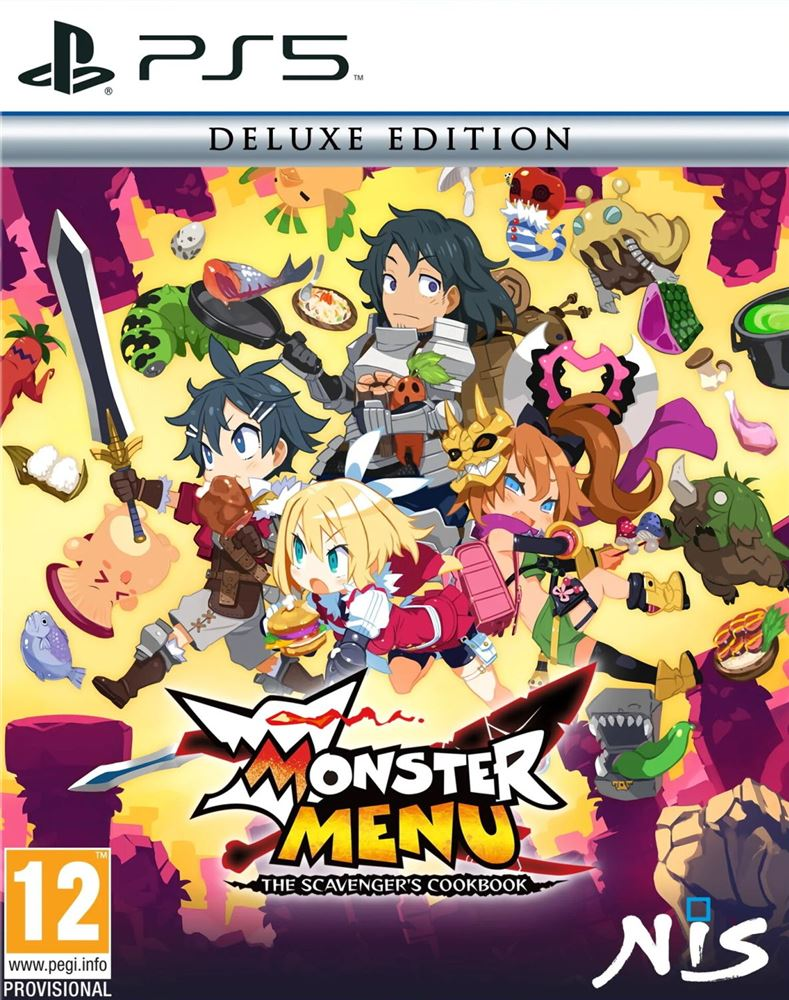 PS5 gamebox art voor 'Monster Menu', met stripfiguren en een monster.