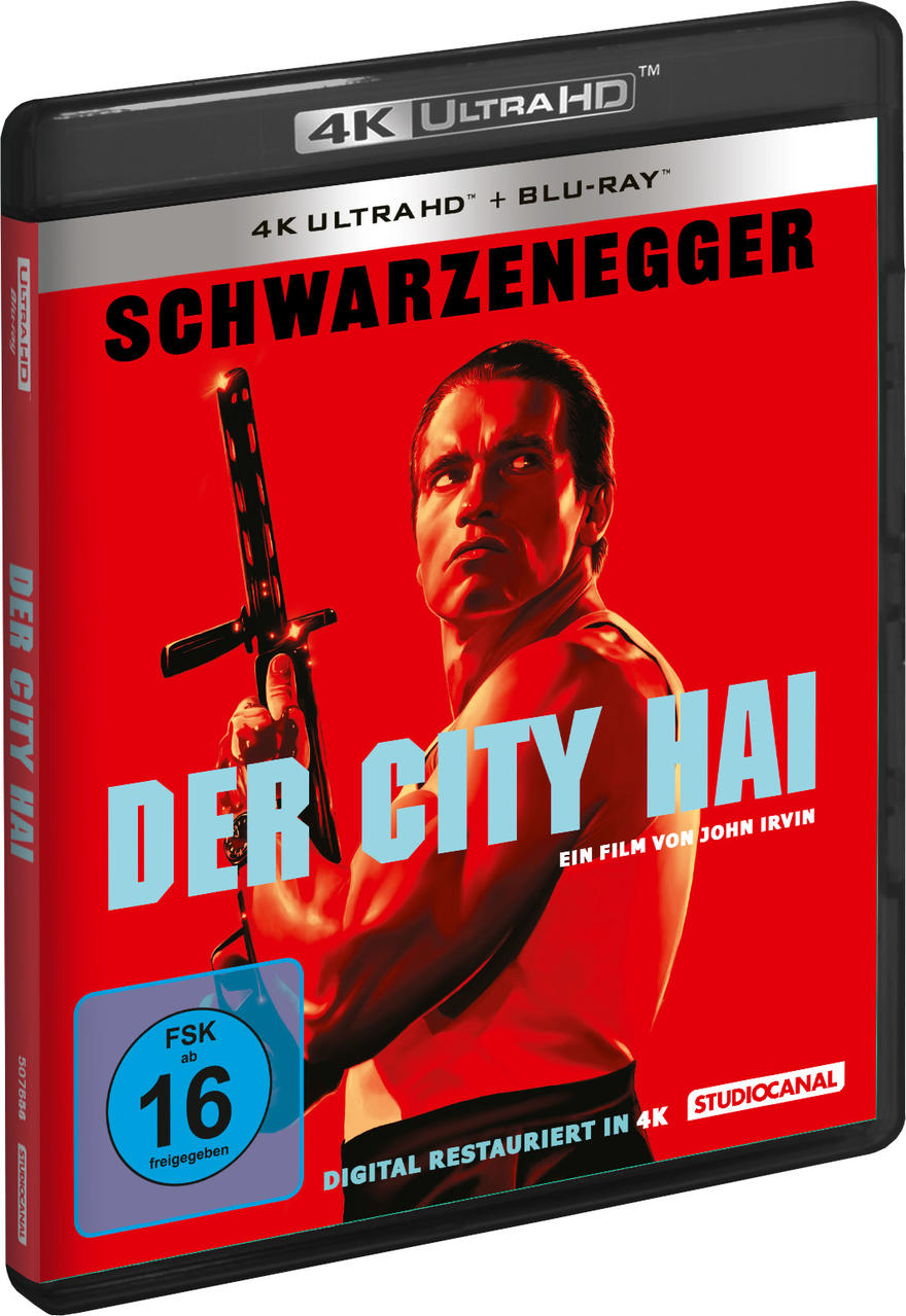 DVD-Hülle mit Schwarzenegger auf dem Cover, der ein Schwert hält, vor rotem Hintergrund.