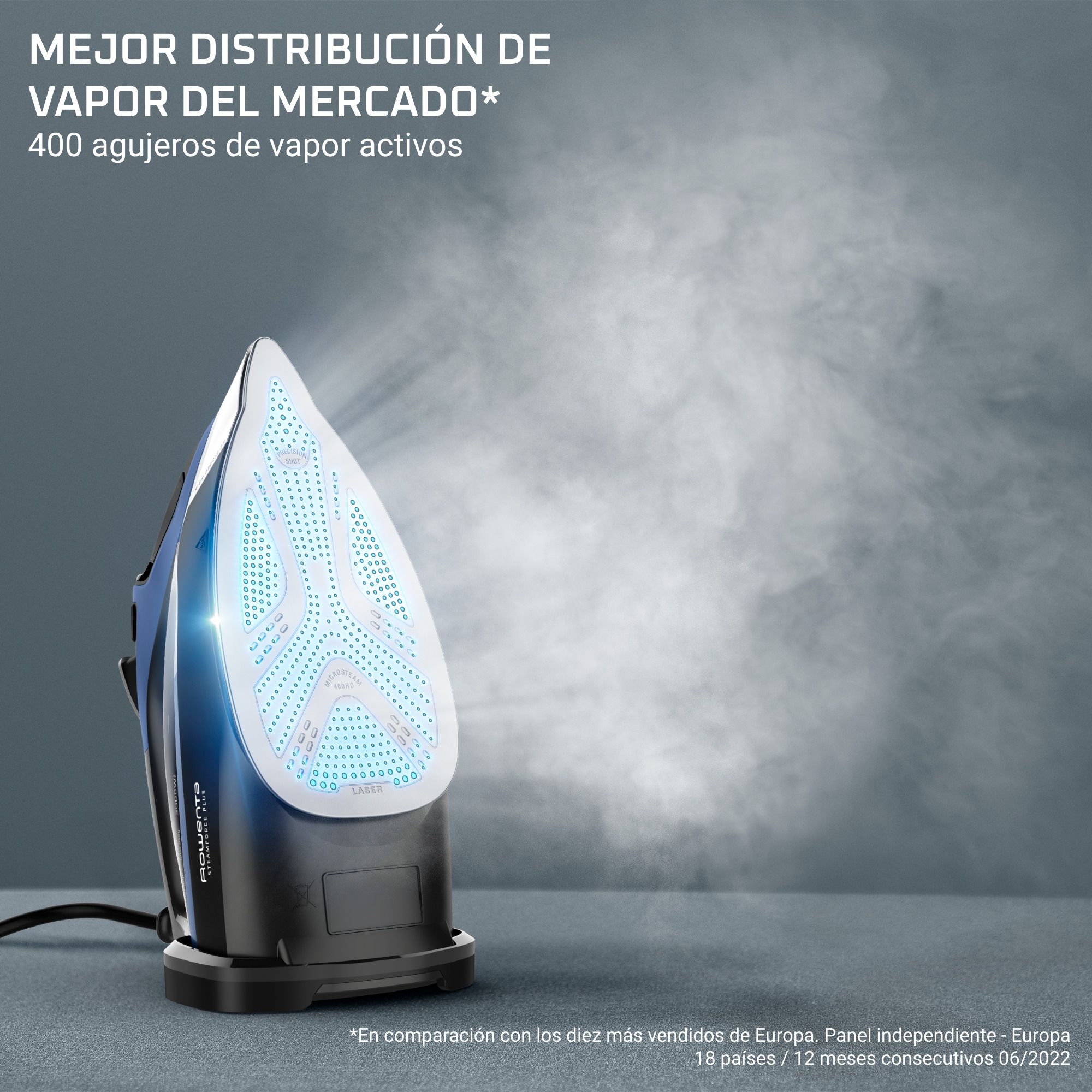 Plancha con vapor. Texto sobre la distribución del vapor y 400 orificios de vapor activos.