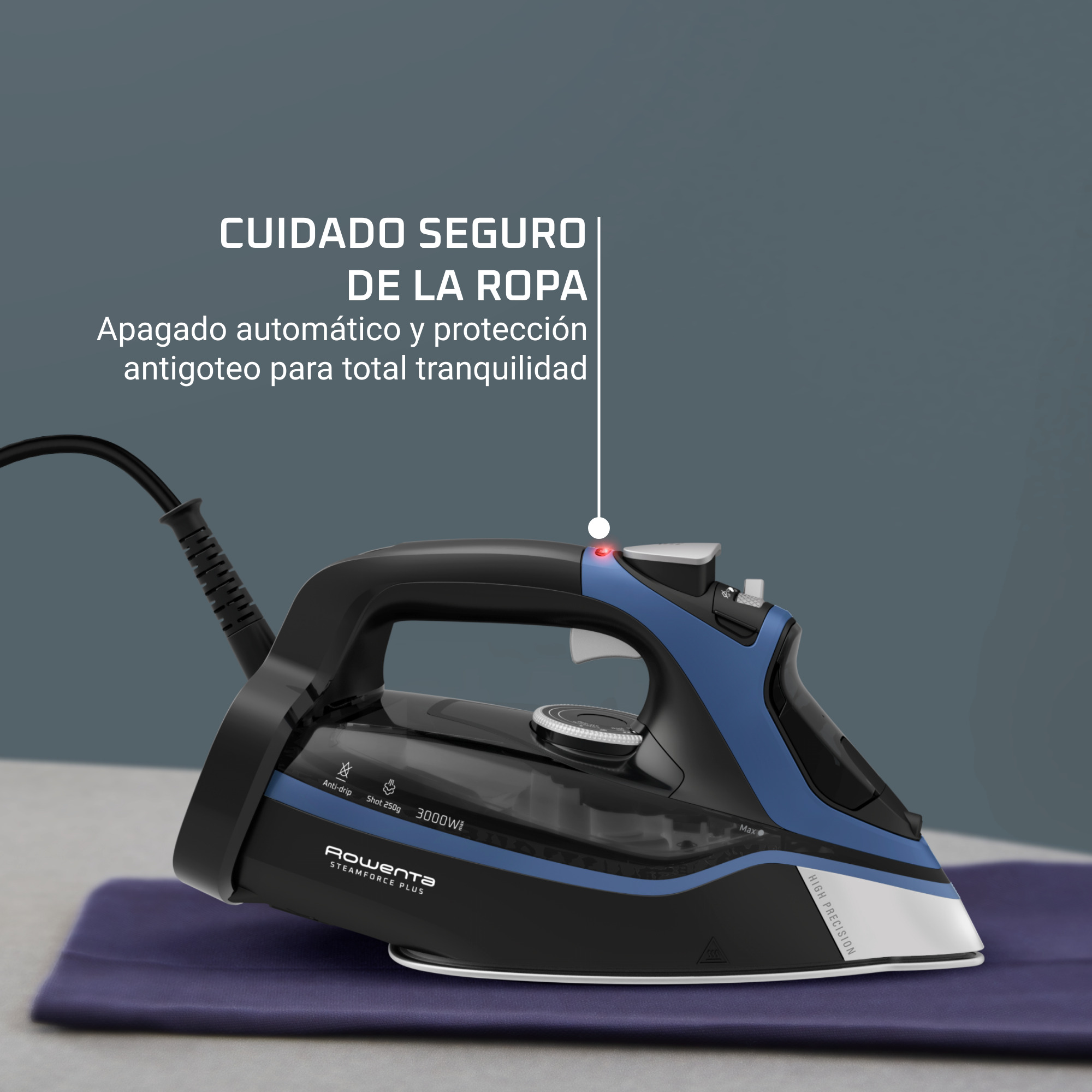 Plancha negra y azul sobre superficie morada, con texto sobre seguridad y apagado automático.