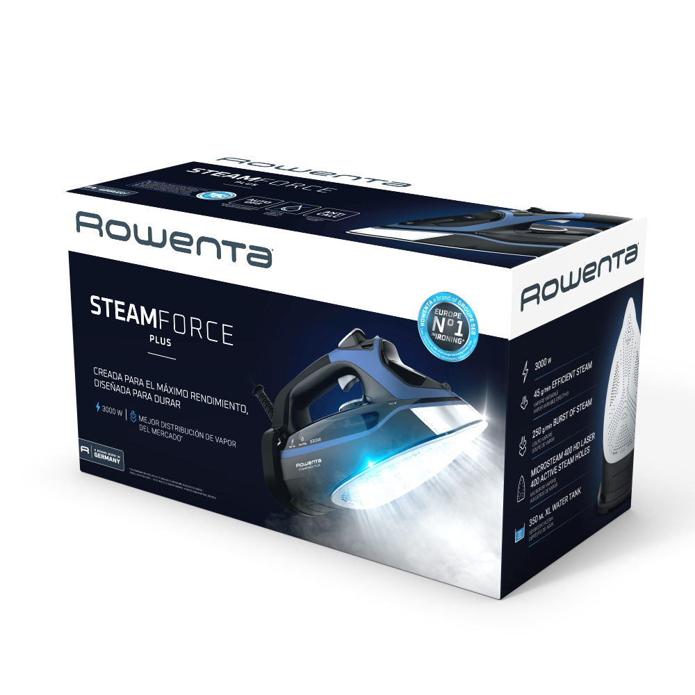 Caja Rowenta Steamforce Plus con plancha. Caja blanca con texto e imagen de plancha.