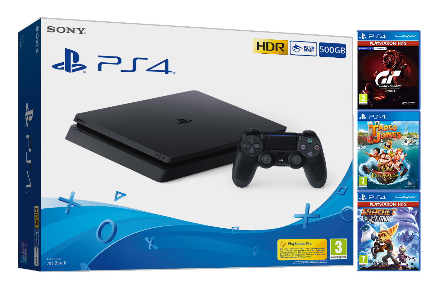 Consola PS4 con mando y carcasas de juegos.