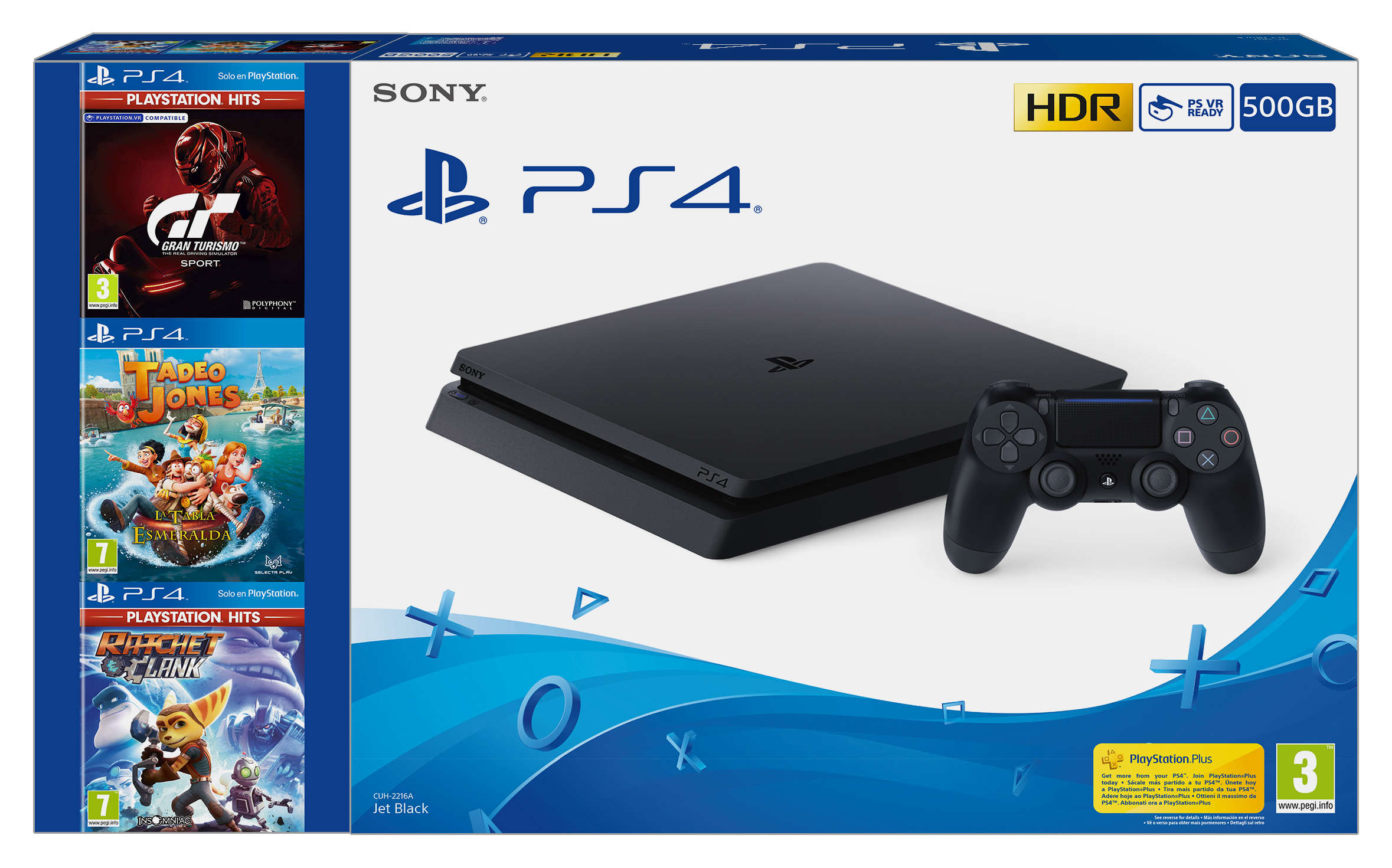 Caja de consola PS4 con juegos y mando. La caja es blanca y azul.