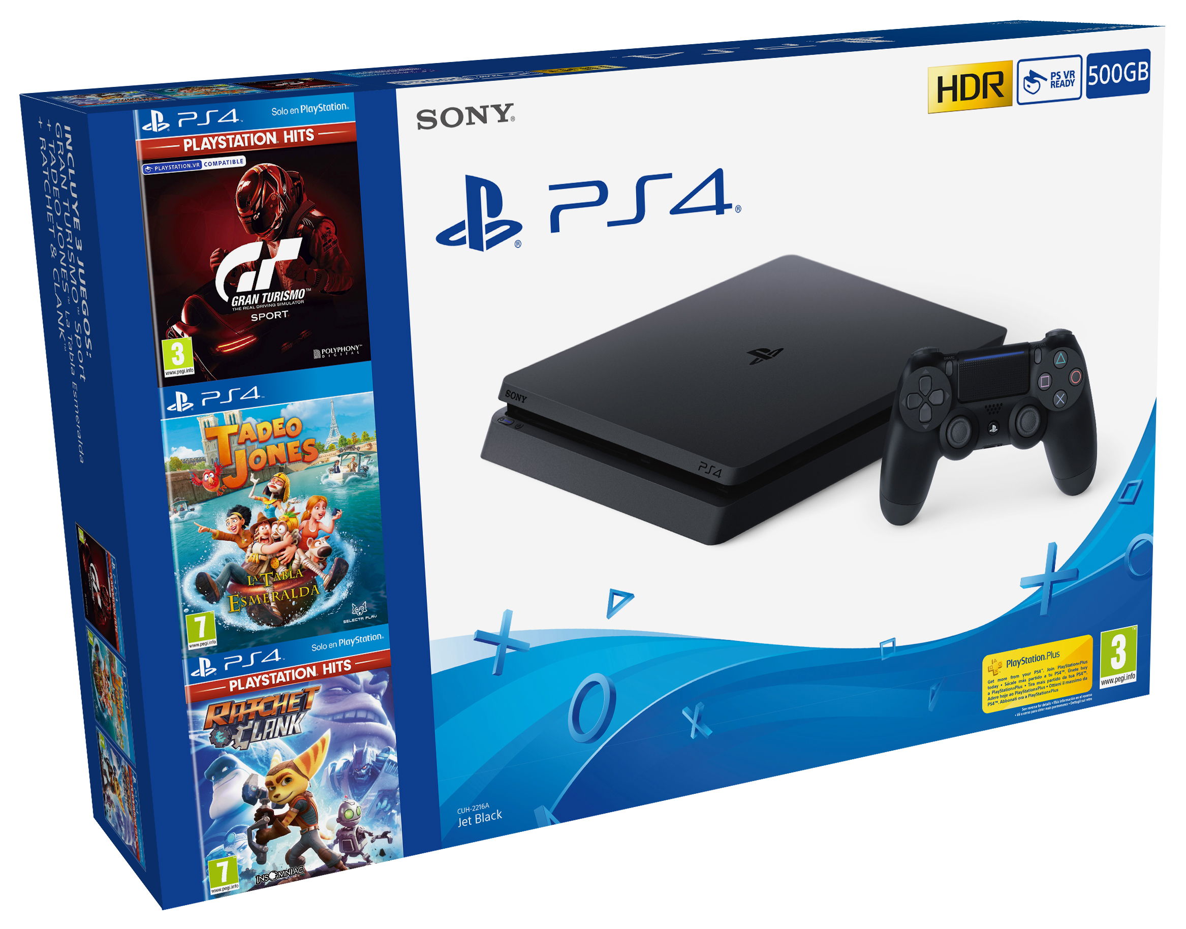 Caja de consola de juegos: consola PS4 y mando, con carátulas de juegos. Texto: PS4, éxitos de Playstation.