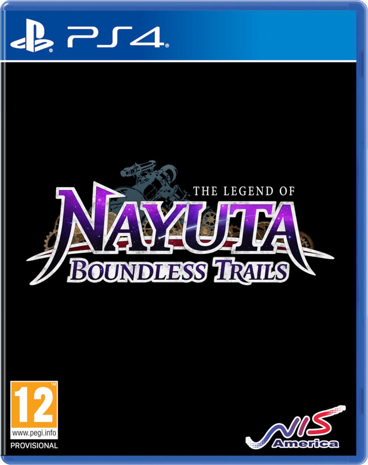 The Legend of Nayuta: Boundless Trails game cover. Toont een personage en logo op een zwarte achtergrond.