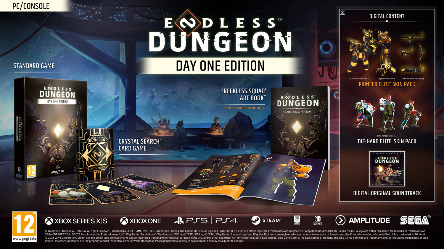 Illustration de la boîte de jeu et matériel promotionnel pour Endless Dungeon Day One Edition. Comprend l'art du jeu et des cartes.
