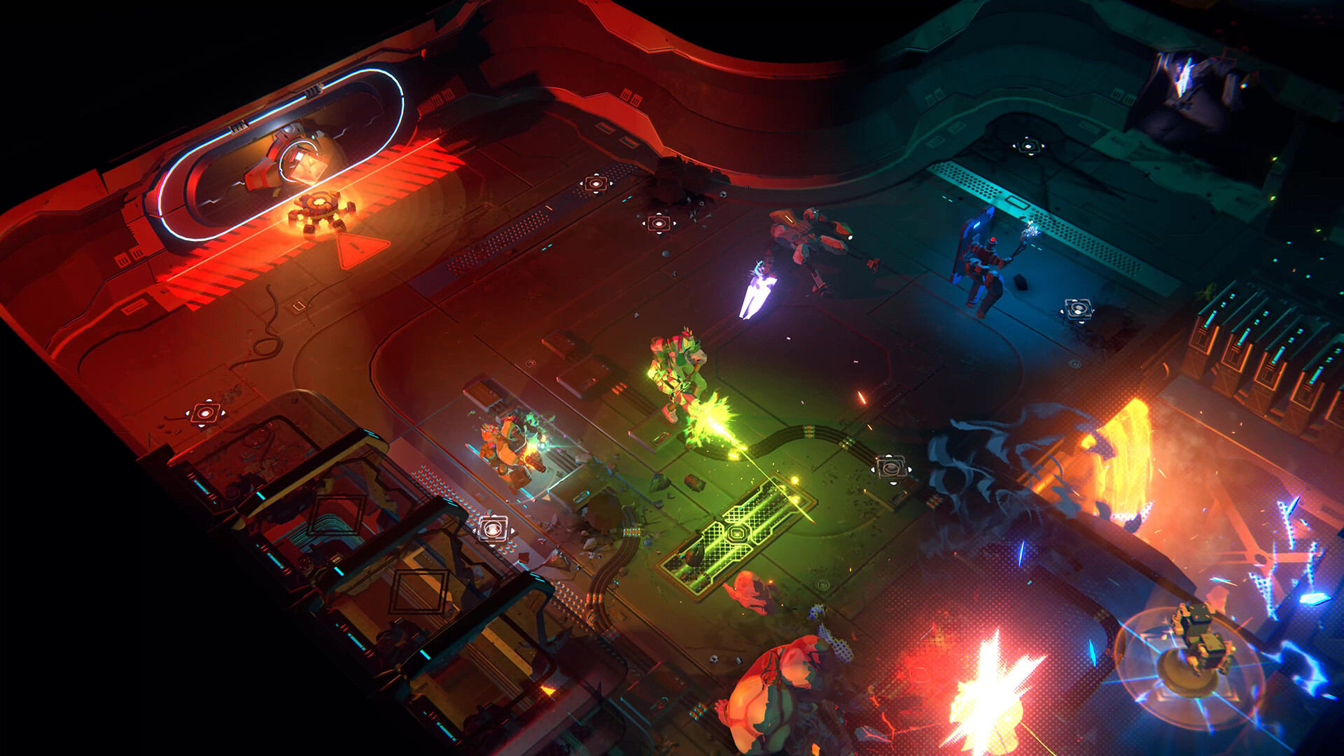 Eine Draufsicht auf eine Videospielszenen mit Robotern, die in einer neonbeleuchteten Umgebung kämpfen.