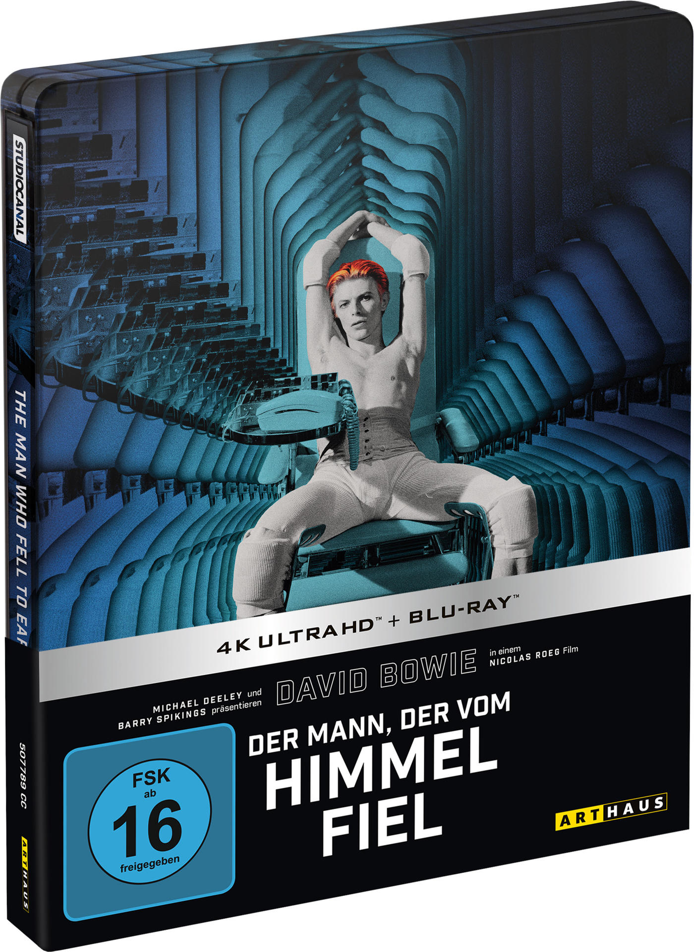 Filmcover: David Bowie in einem Film, mit Text und Logo, blaues und weißes Thema.