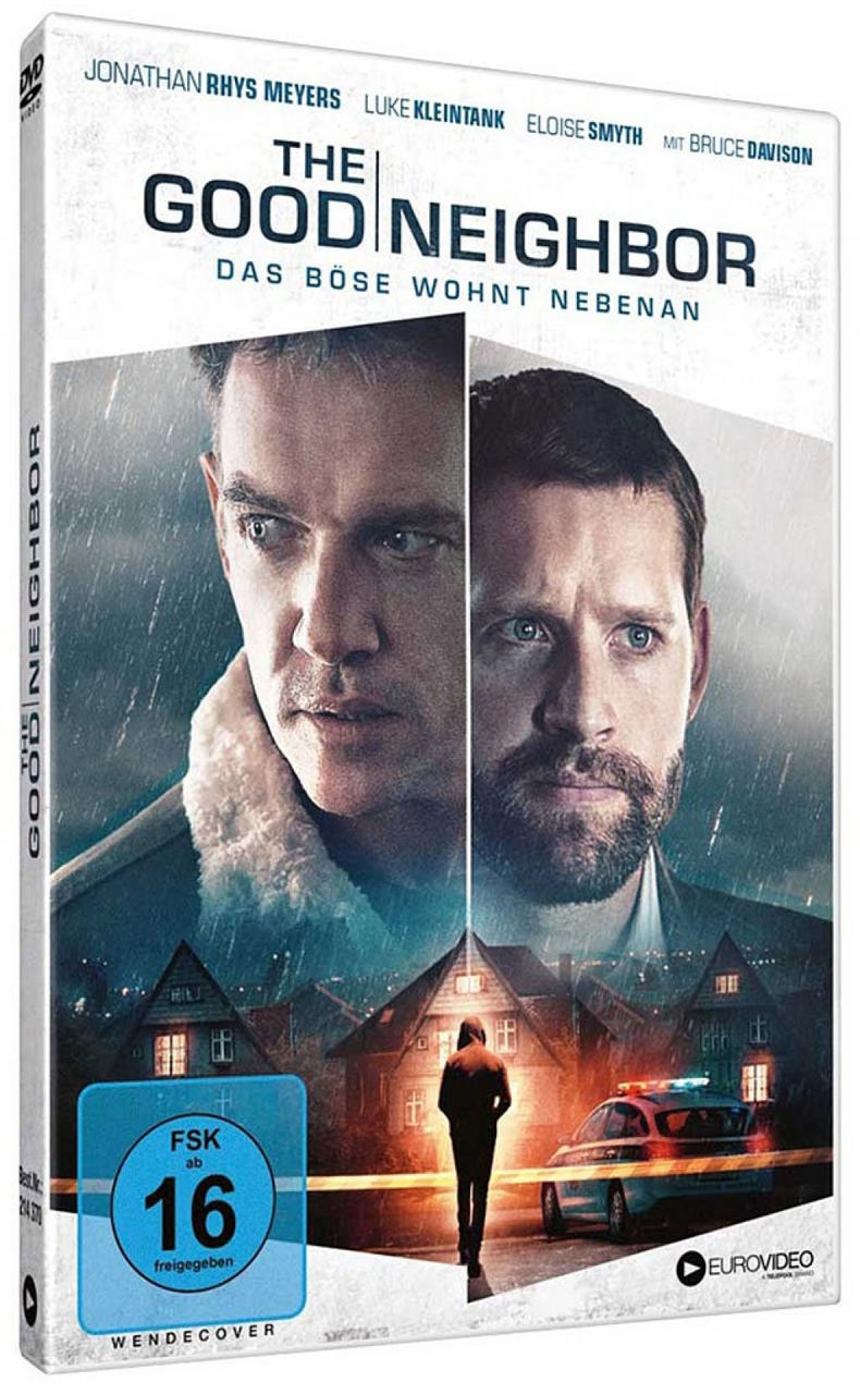 DVD-Cover von 'The Good Neighbor', zwei Männer, Haus, Polizeiauto.
