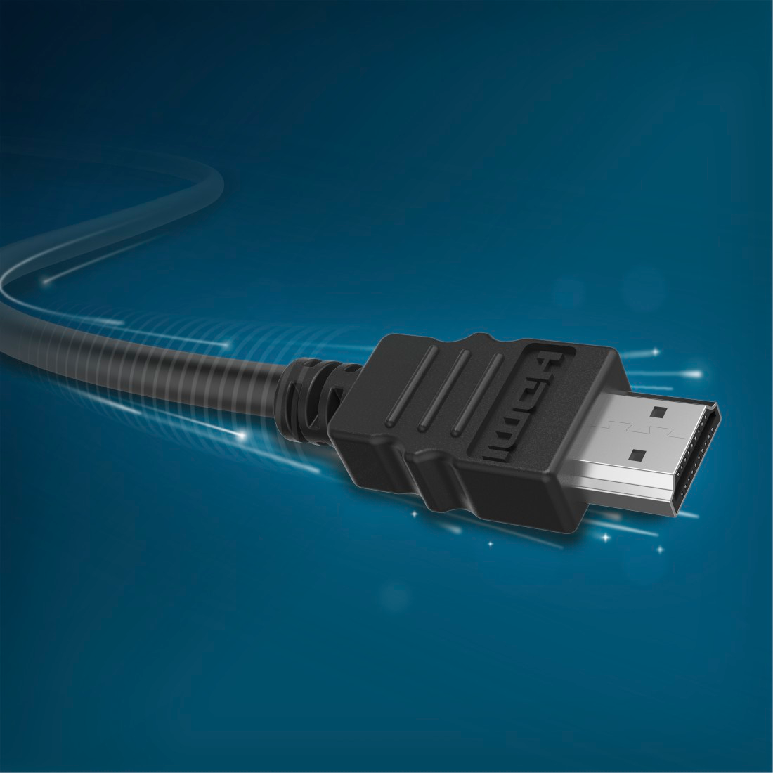 Egy HDMI kábel fekete csatlakozóval és kék háttérrel.