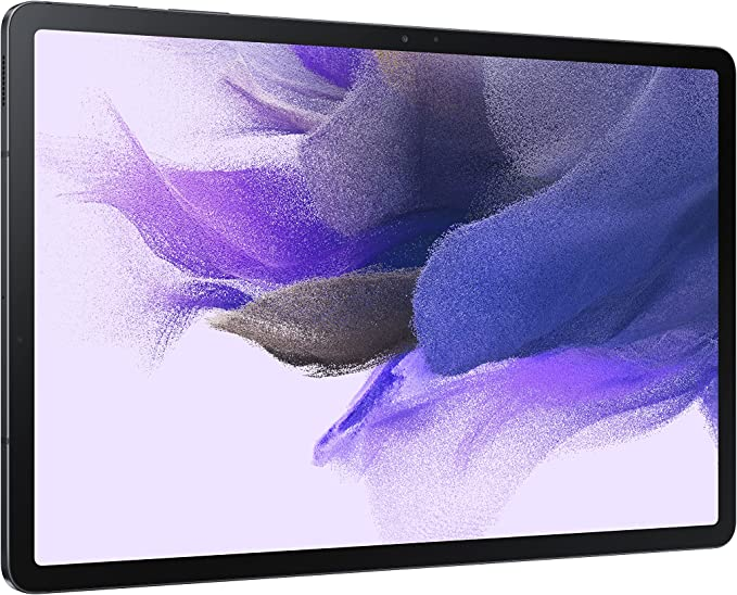 Beyaz bir yüzey üzerinde tablet, siyah çerçeve, ekran mor ve beyaz soyut tasarım görüntülüyor.