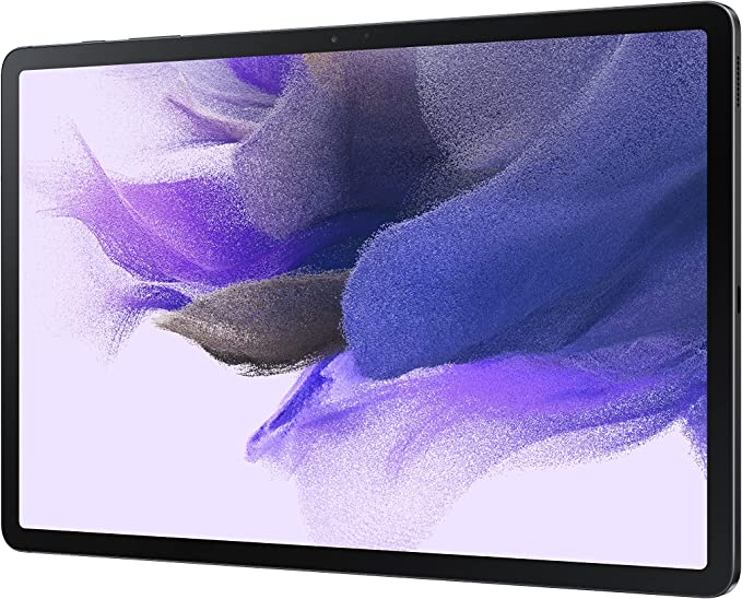 Karanlık ekranlı bir tablet. Ön kamerası ve ince çerçevesi var.