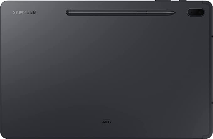 Stiluslu koyu gri tablet. Üstte Samsung logosu. Sağda arka kamera. Altta AKG logosu.