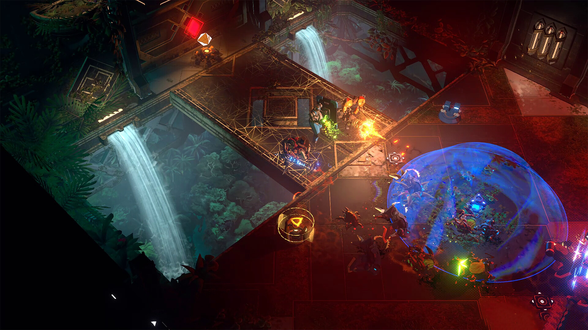 Vue aérienne d'une scène de jeu futuriste avec des personnages se battant dans un environnement complexe avec des cascades.