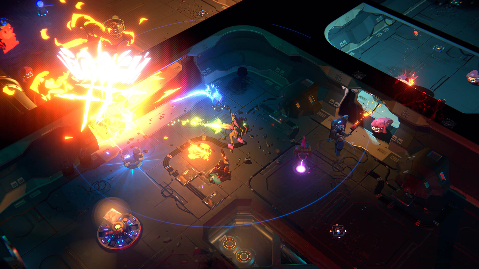 Une image de haut en bas d'une scène de jeu vidéo d'explosions colorées.