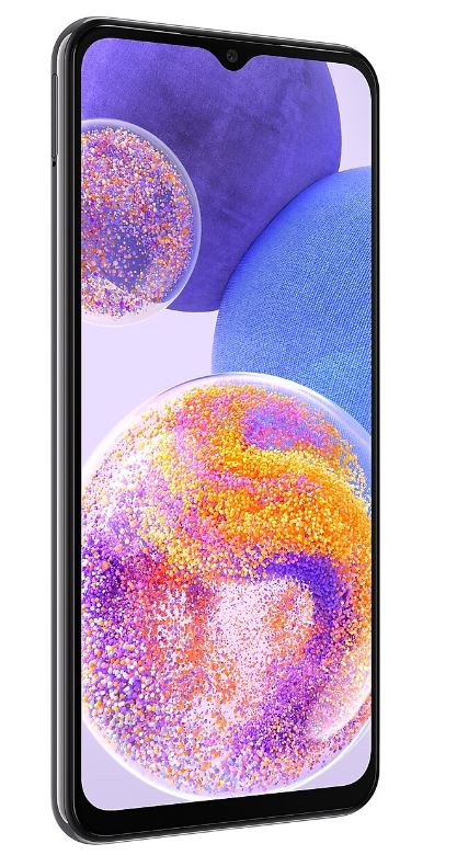 Renkli, soyut bir arka plana sahip siyah bir akıllı telefon.