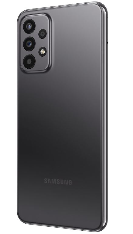 Çoklu kameralı ve Samsung logolu siyah akıllı telefon arkası, yan açıda.