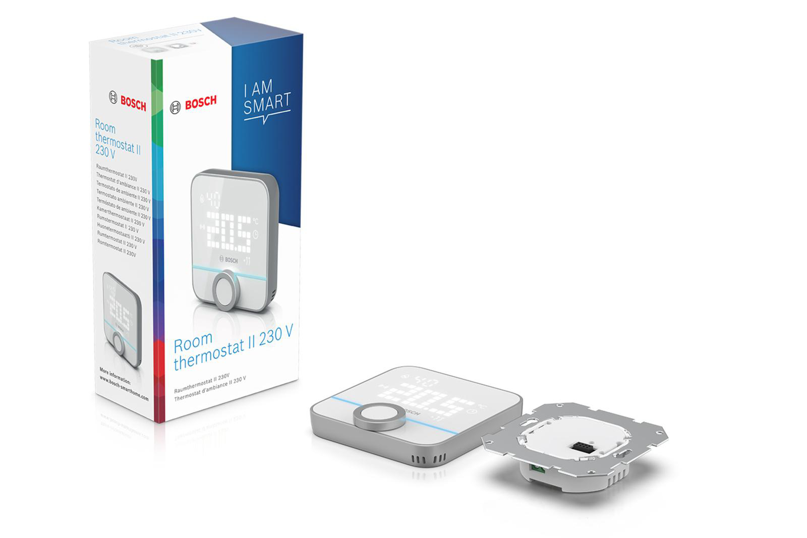 Bosch Thermostat II 230 V im Karton, neben einem Thermostat und seiner Wandhalterung.