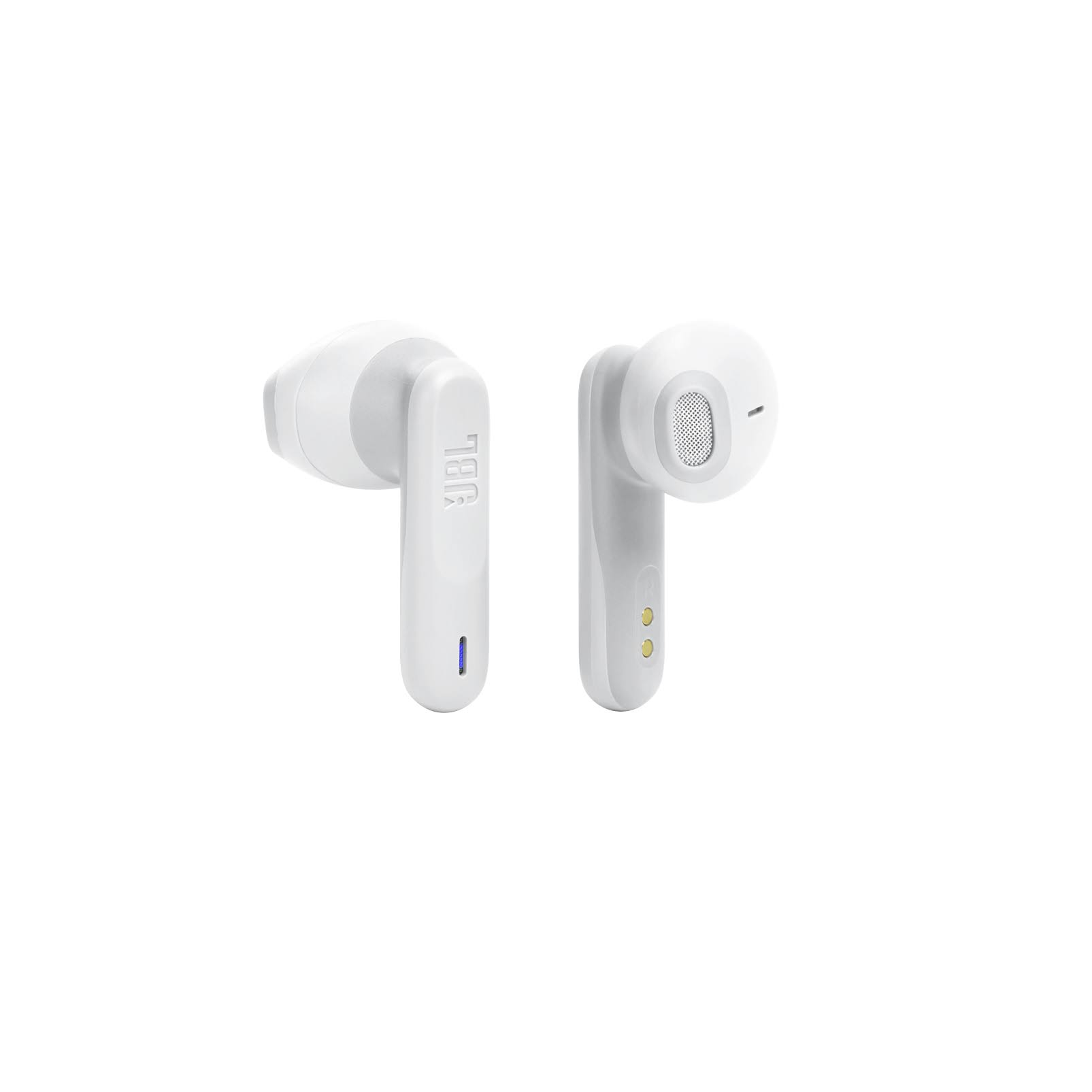 Auriculares JBL blancos. Dos auriculares. Fondo blanco.