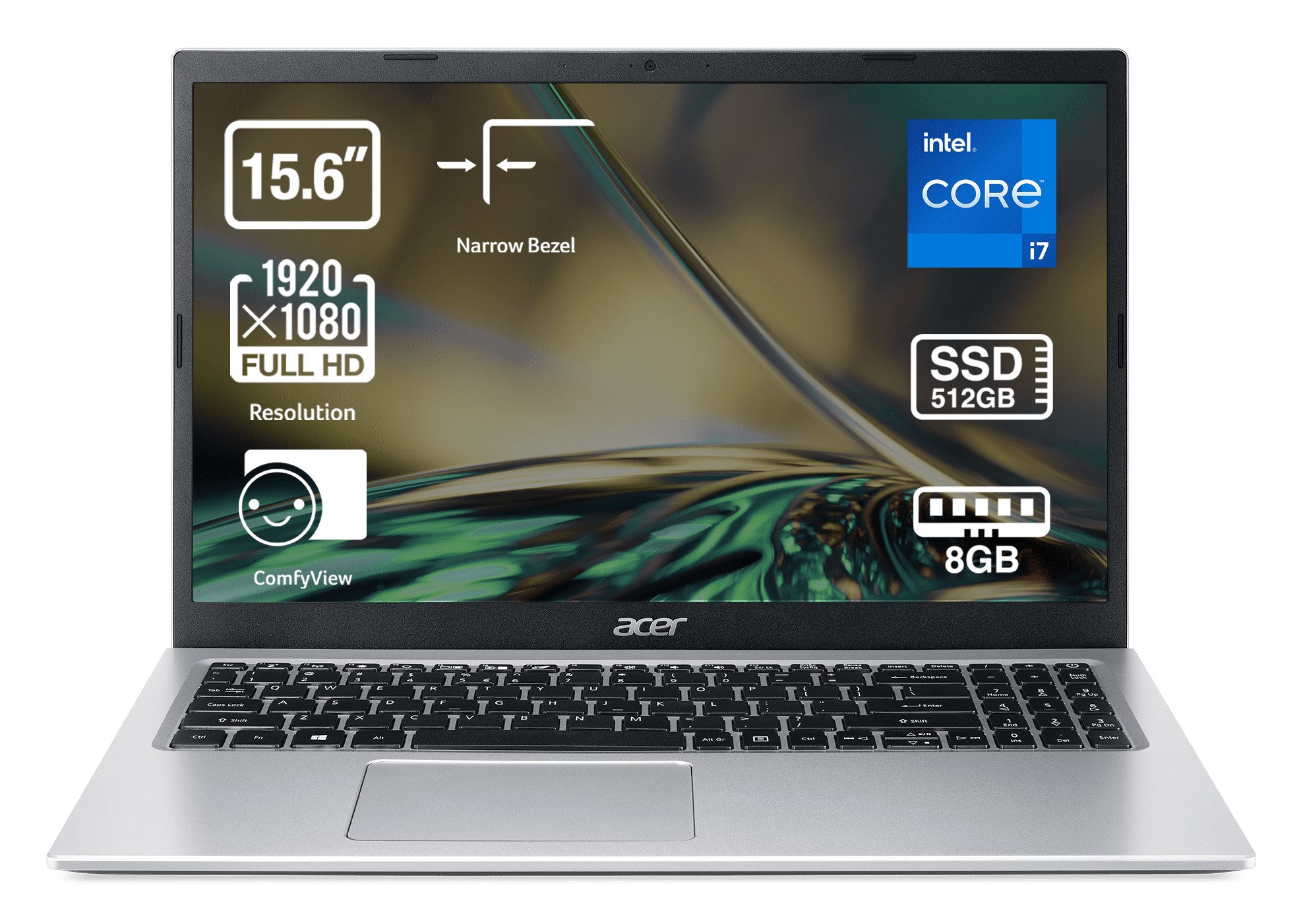 Portátil plateado con pantalla mostrando especificaciones: 15.6", 1920x1080, Intel Core i7, 512GB SSD, 8GB RAM.