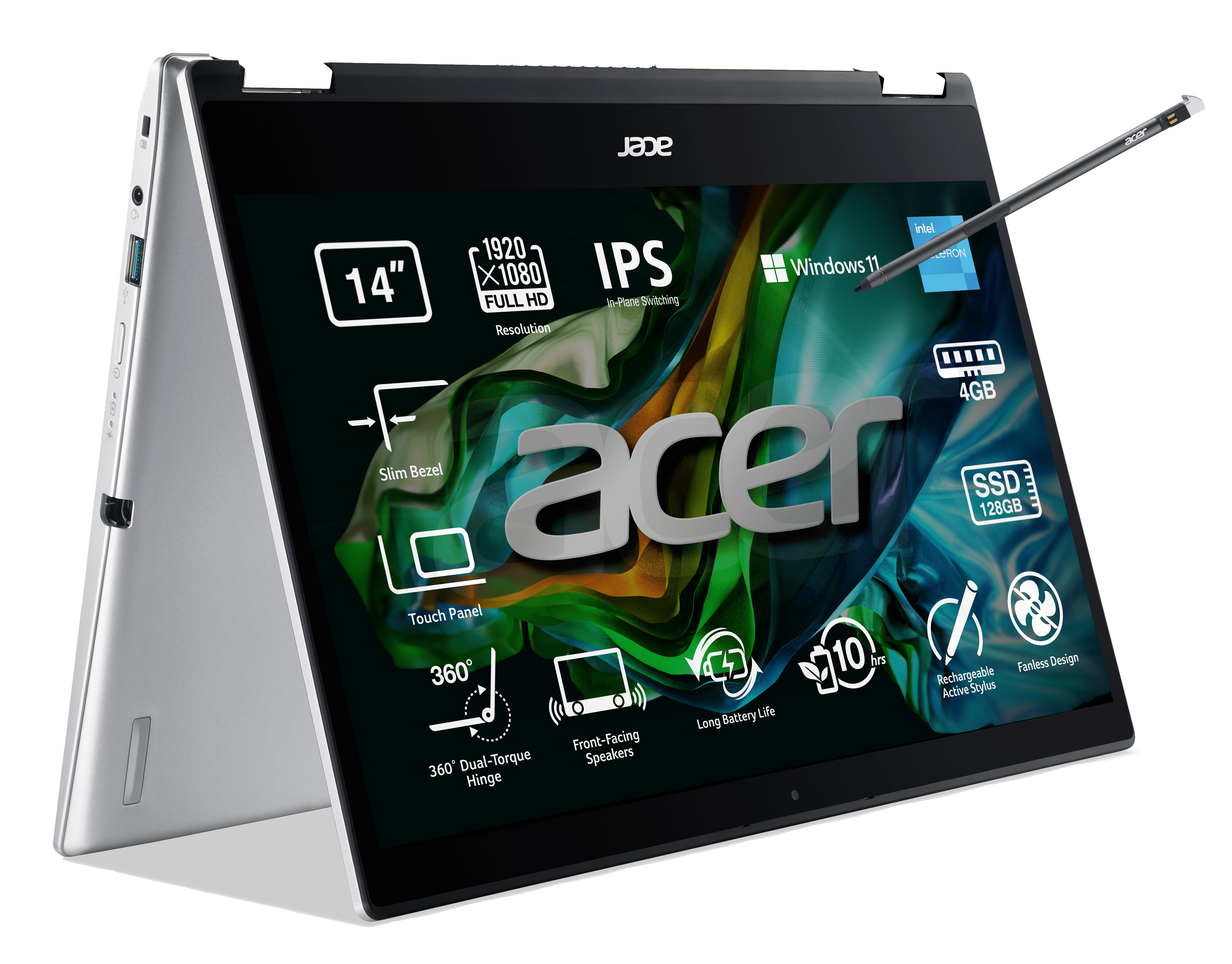 Convertible 2 en 1 - Acer SP114-31N, 14" Full HD, Intel® Celeron® N5100, 4GB RAM, 128GB, UHD, Windows 11 Home S, Silver