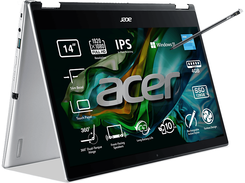 Acer SP114-31N, 14FHD, Intel® Celeron® N5100, 4GB RAM, 128GB, UHD, Windows 11H S,Silver