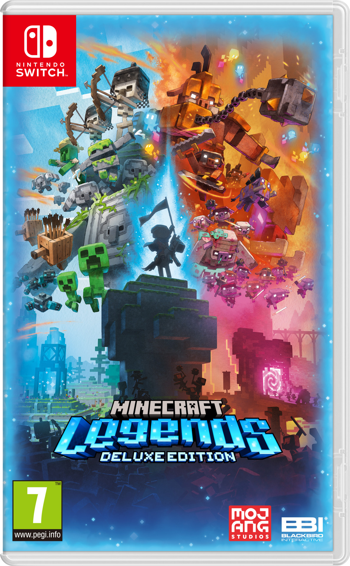 Minecraft Legends Deluxe Edition gamebox. Personages in actie, blauwe achtergrond, Nintendo Switch logo.