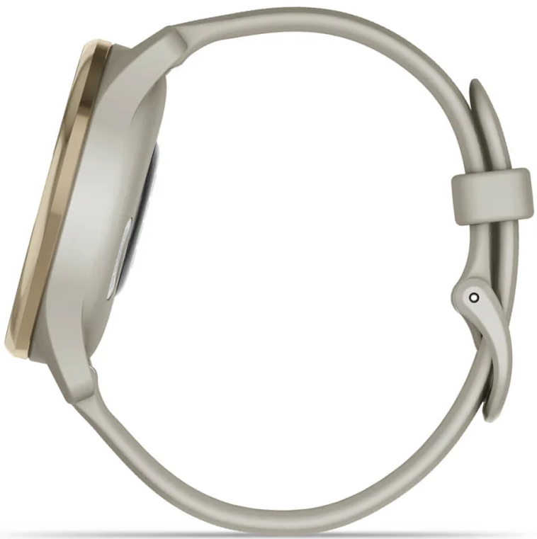 Seitenansicht einer gold-grauen Smartwatch mit grauem Armband. Weißer Hintergrund.