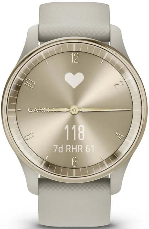 Garmin Smartwatch mit goldfarbenem Zifferblatt und weißem Armband. Zeigt Zeit und Herzfrequenz.