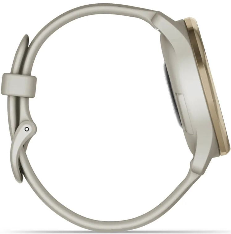 Seitenansicht einer silbernen Smartwatch mit rundem Zifferblatt und hellem Armband.