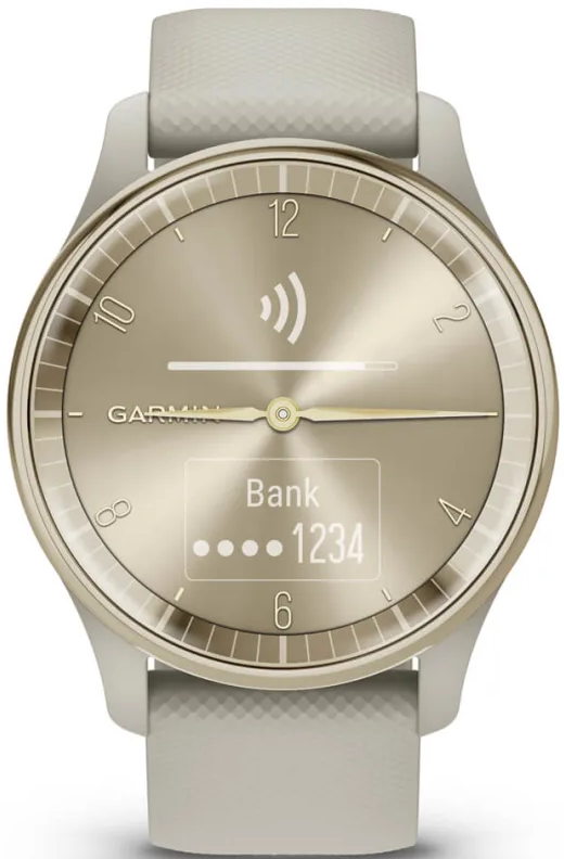 Garmin-Smartwatch mit weißem Armband. Digitalanzeige zeigt Bankinformationen.