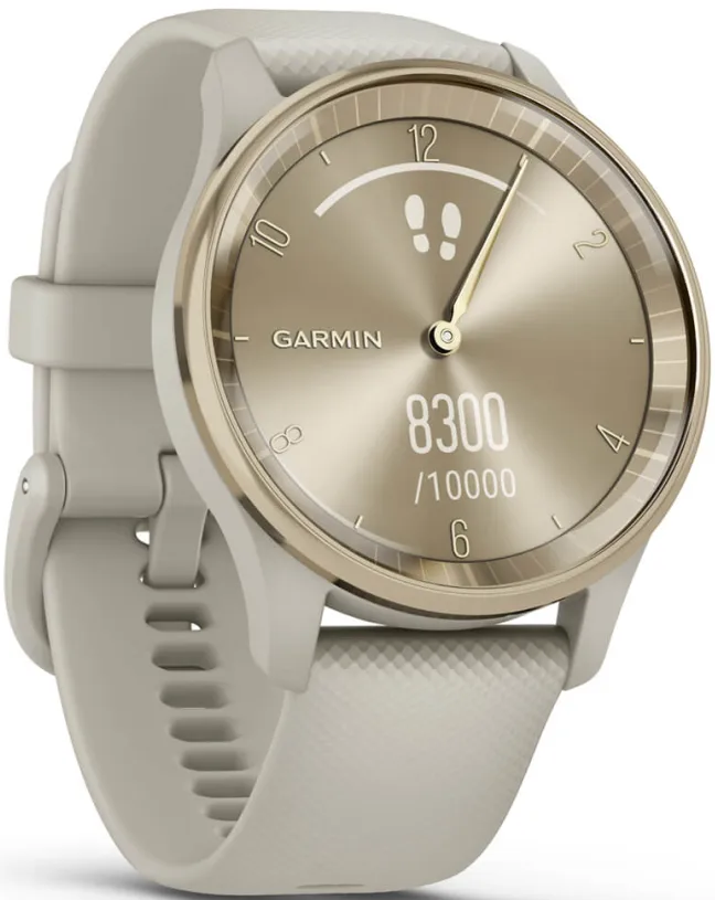 Smartwatch mit beigem Armband. Das Zifferblatt zeigt die Uhrzeit und Schritte an. Goldene Details um das Zifferblatt.