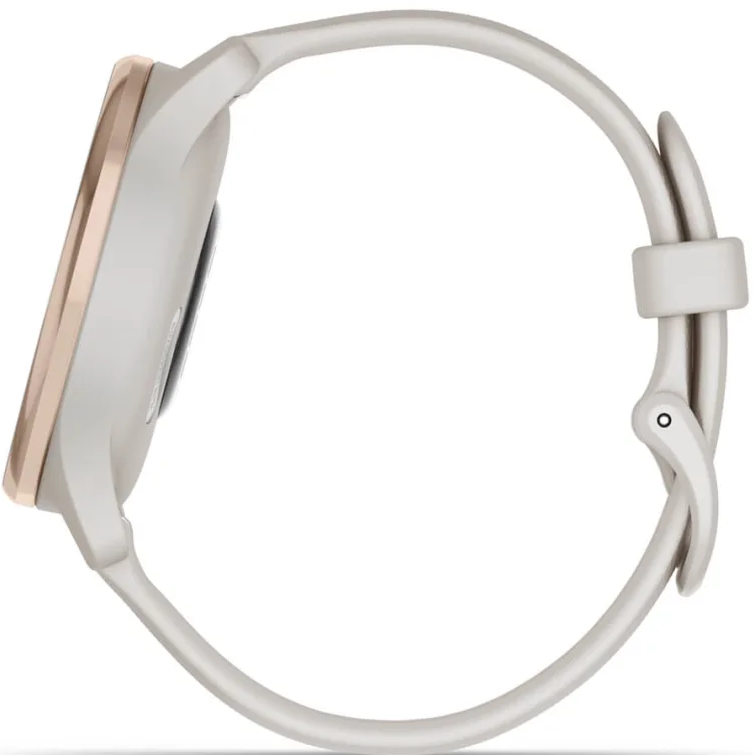 Graue Smartwatch mit roséfarbenem Rand, Seitenansicht.