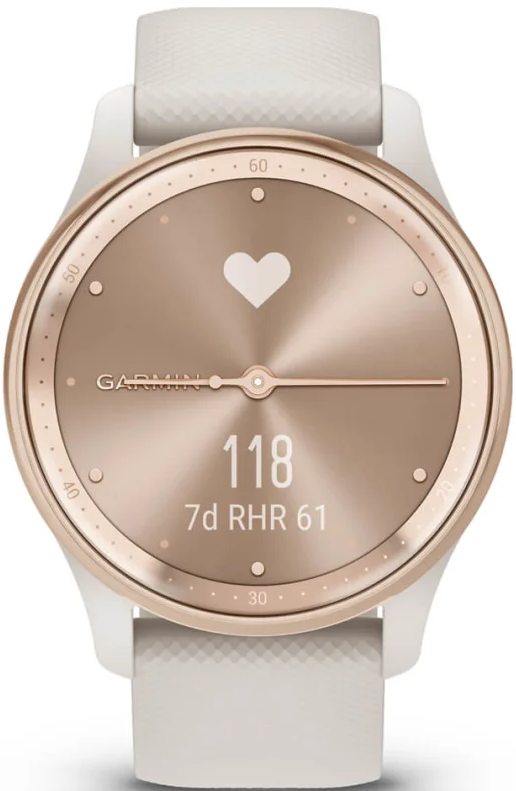 Eine weiße Smartwatch mit roségoldenem Zifferblatt, Herzsymbol und Zahlen.