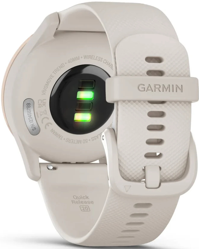 Rückseite einer hellbeigen Garmin Smartwatch mit Herzfrequenzsensor und Quick Release Band.