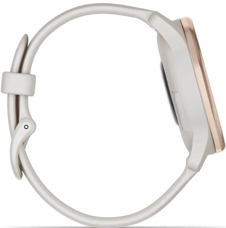 Weiße Smartwatch mit goldenem Rand, von der Seite gezeigt.