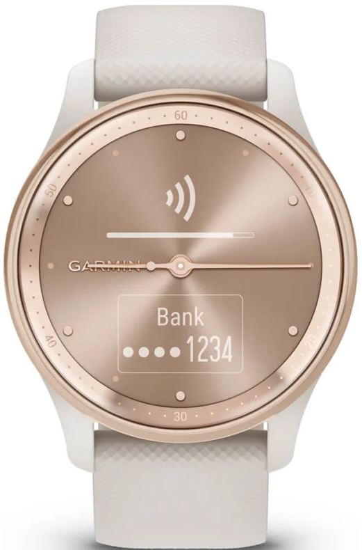 Eine roségoldene Garmin-Smartwatch mit weißem Armband. Zeigt "Bank" und "1234" an.