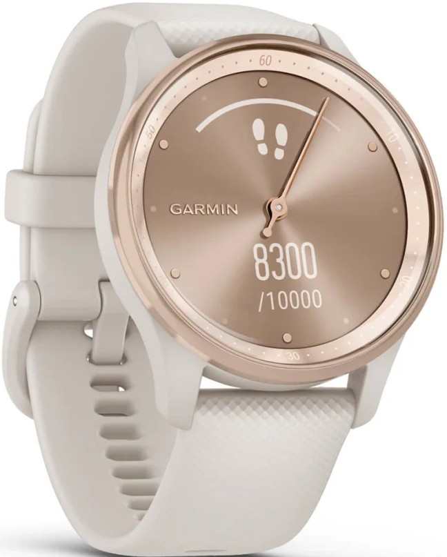 Weiße Smartwatch mit roségoldfarbenem Zifferblatt zeigt 8300 Schritte an.