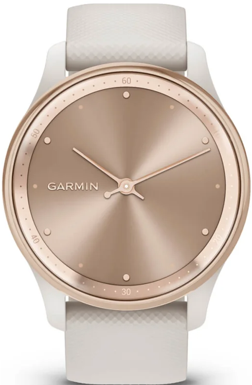 Eine weiße Garmin Smartwatch mit roségoldfarbenem Zifferblatt und Zeigern.