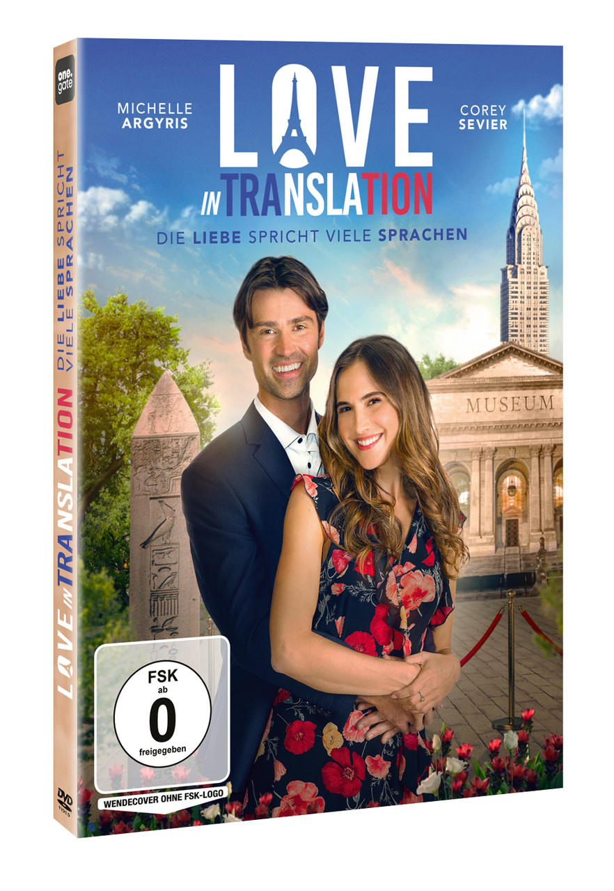 DVD-Cover für 'Love in Translation'. Ein Paar steht vor einer Stadt. Blauer Himmel und Gebäude.