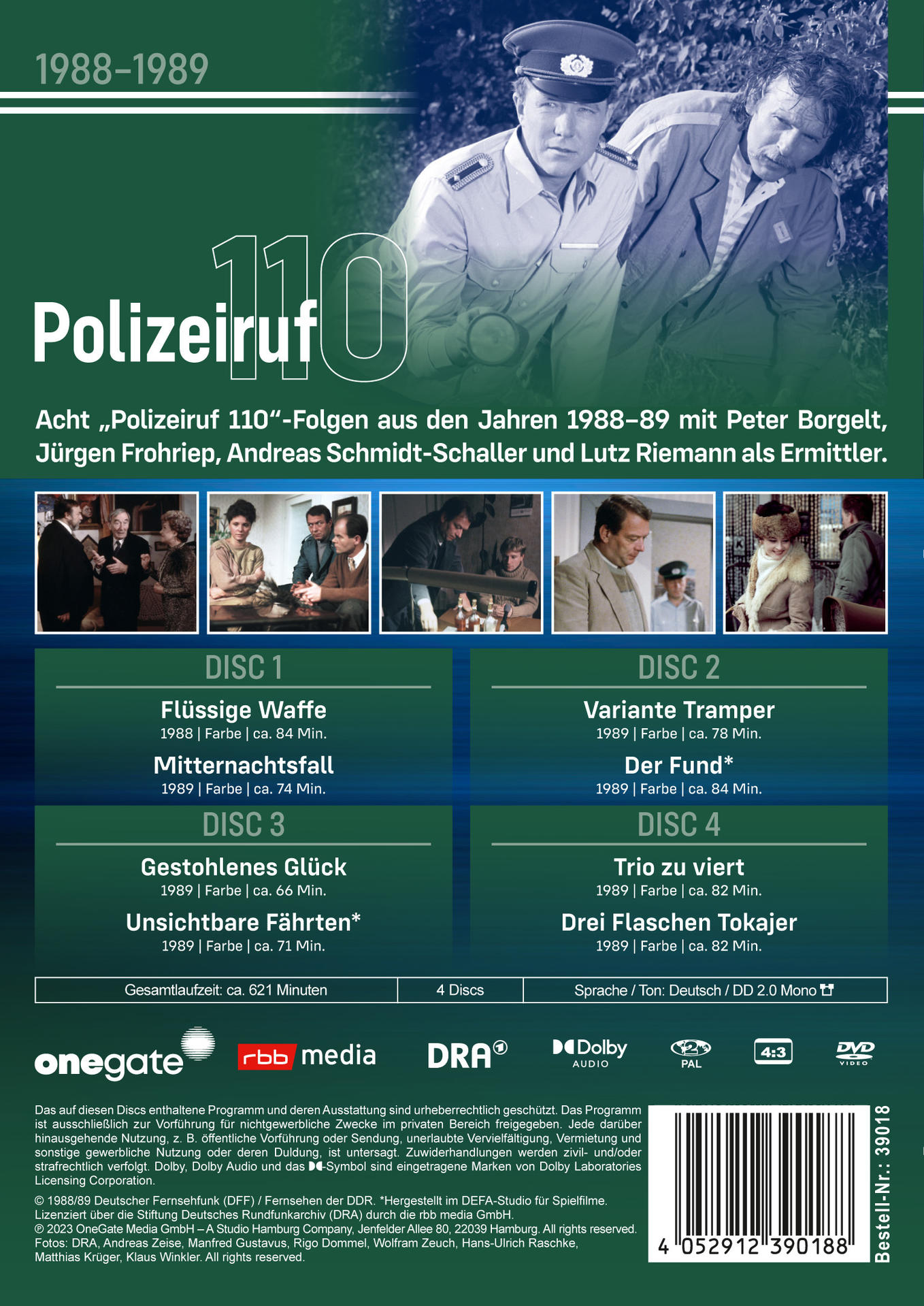 Rückseite einer deutschen DVD mit Schauspielern und Titel 'Polizeiruf 110', mit Episoden.