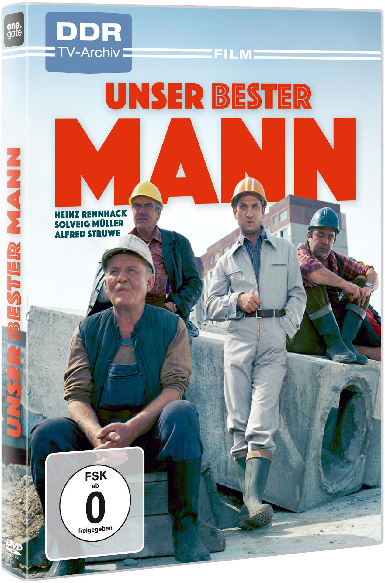 DVD-Cover des Films Unser Bester Mann. Vier Männer in Arbeitskleidung sitzen auf Betonblock.