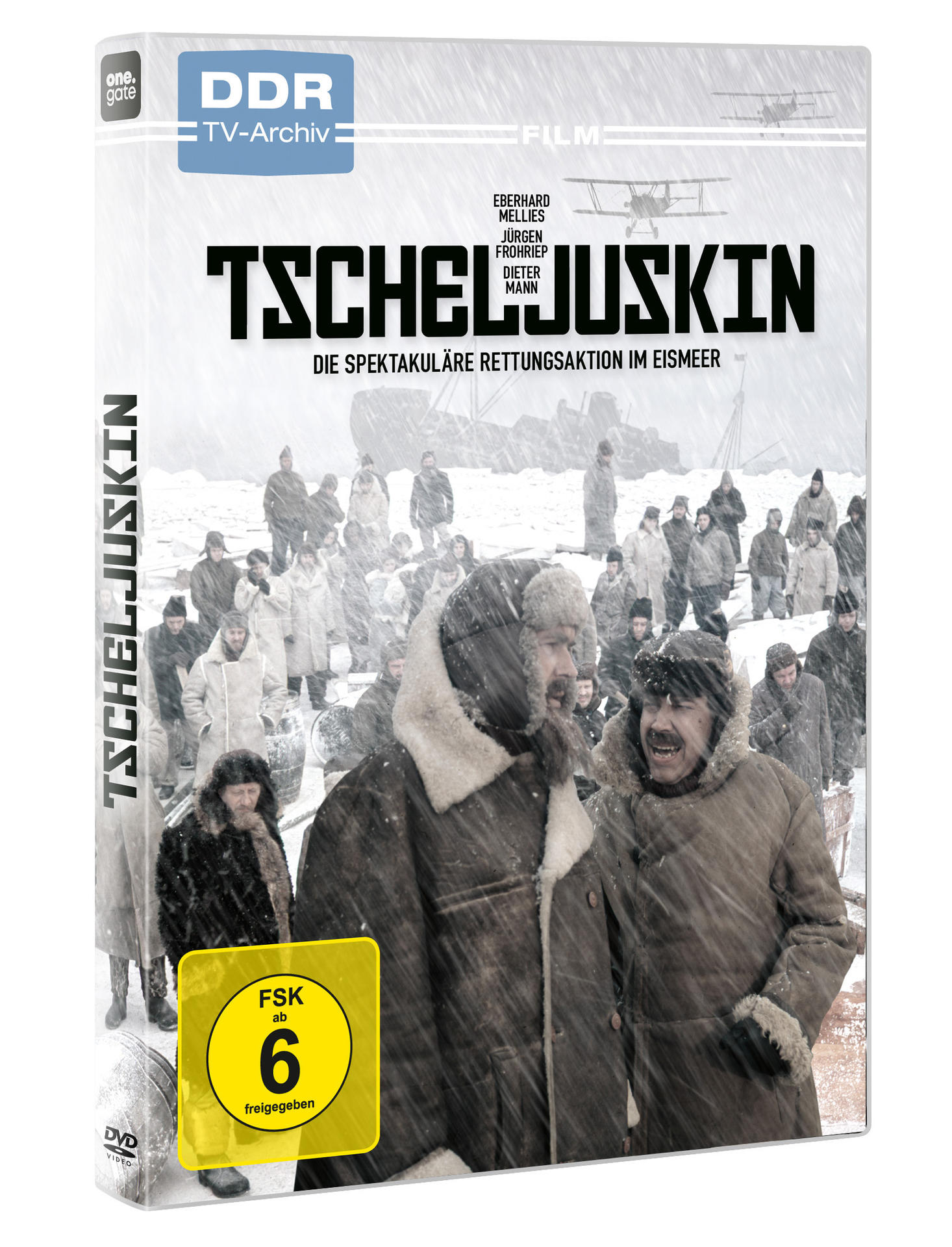 DVD-Hülle mit zwei Männern in Winterkleidung, Filmtitel „Tscheljuskin“.