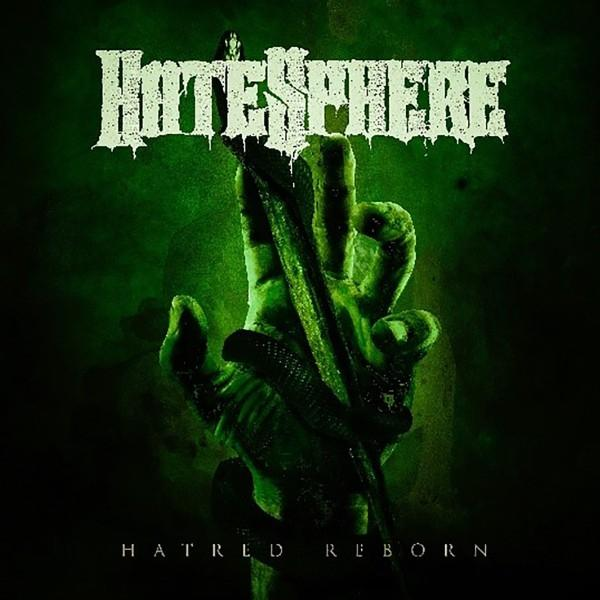 Albumhoes voor Hatesphere's 'Hatred Reborn' met een hand en een slang.