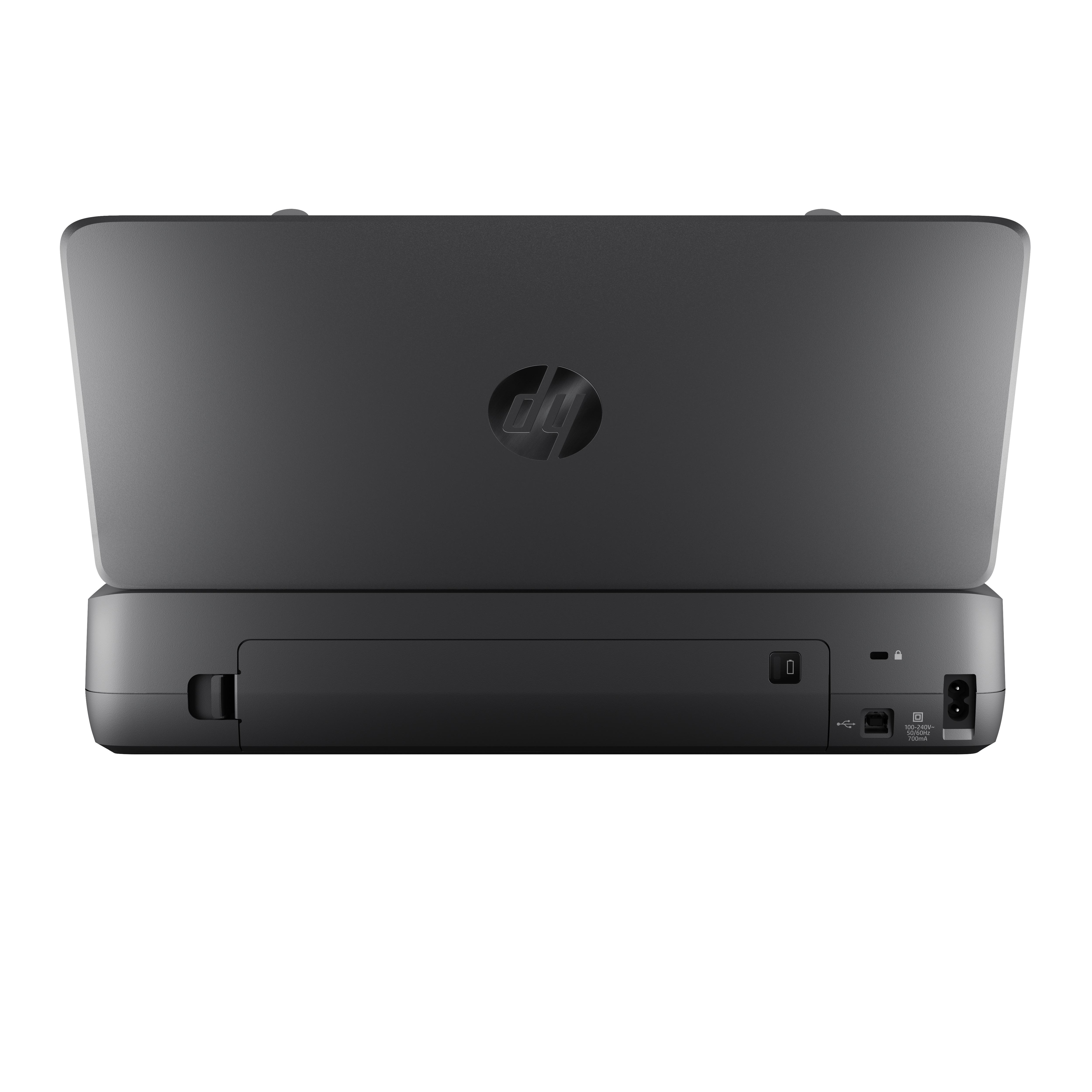 Ein schwarzer HP-Drucker, Rückansicht, zeigt Anschlüsse und das HP-Logo.